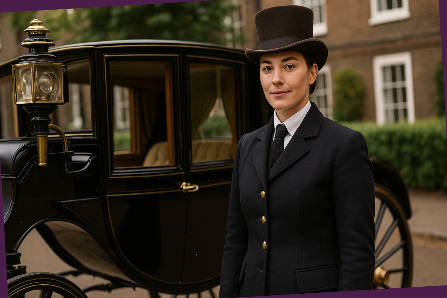 Coachwoman Ellen Rowe beside a polished town carriage