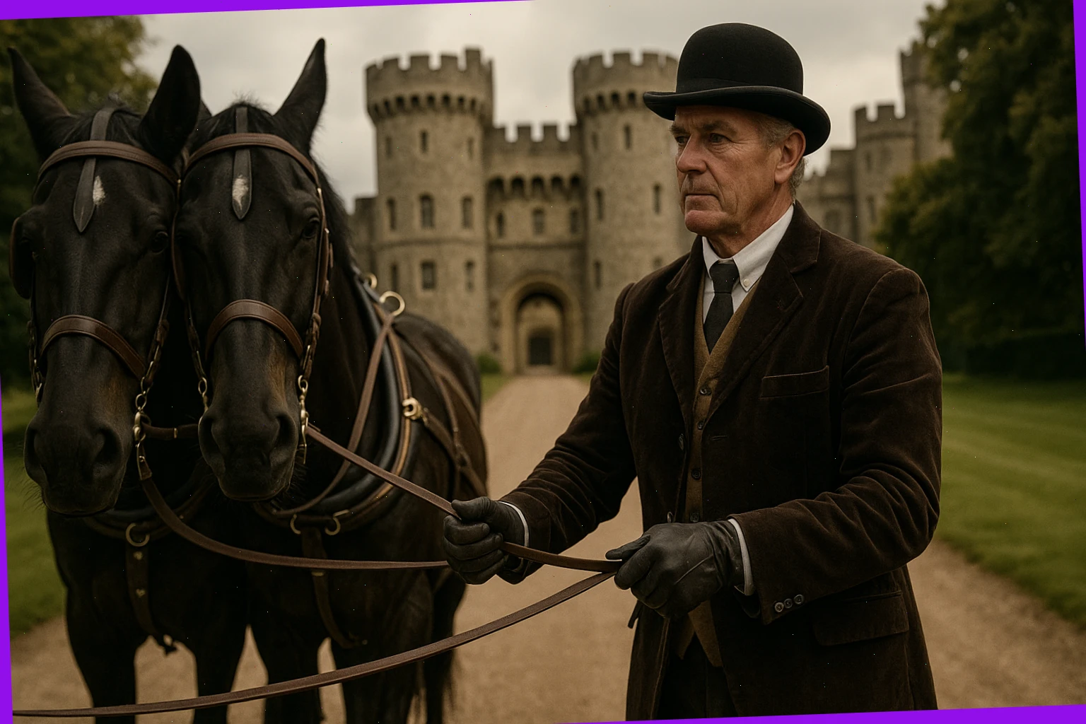 Senior driver Tom Avery holding the reins at a castle approach