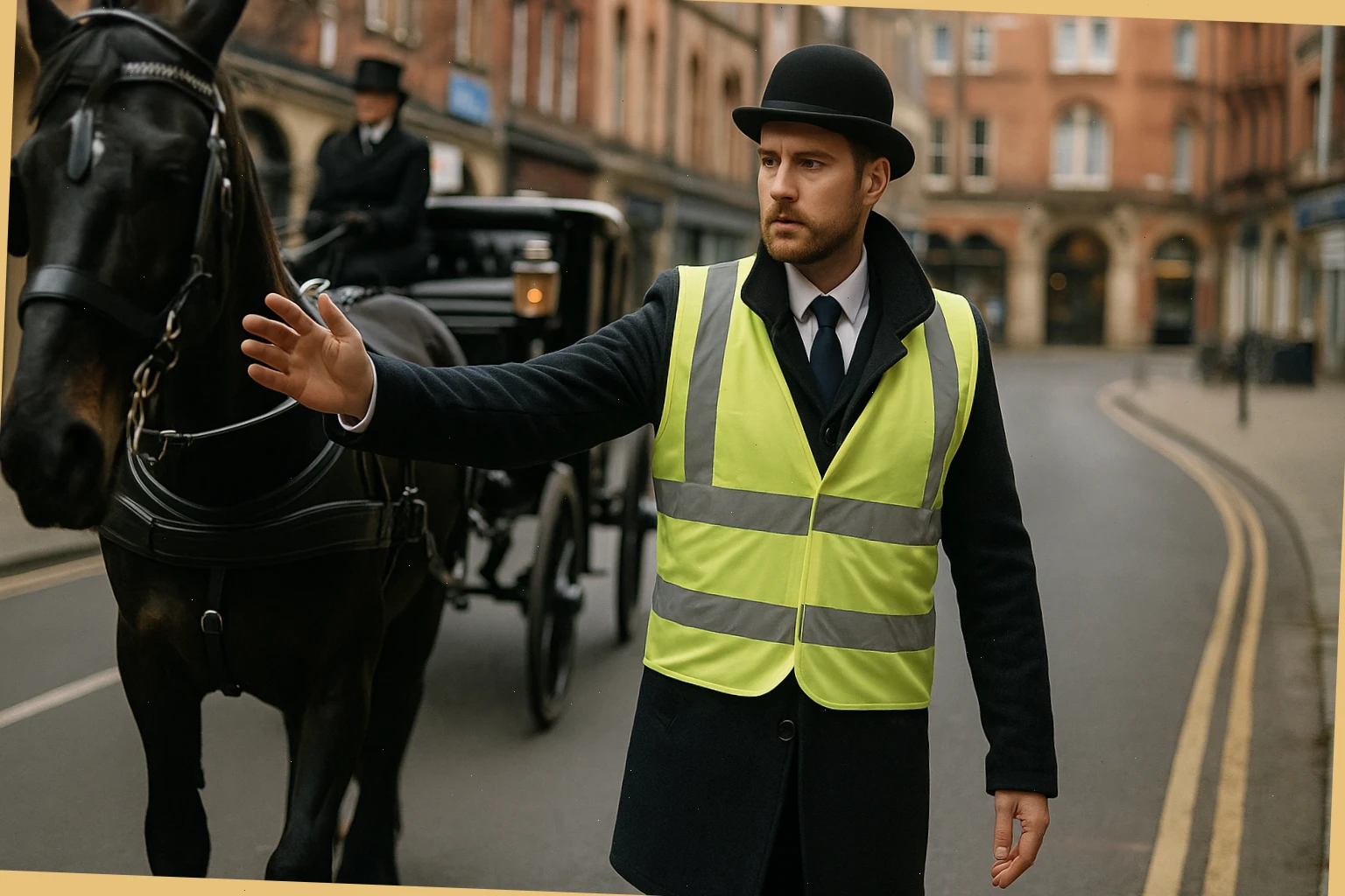 Route marshal Dan Pike guiding a safe turn on a town loop