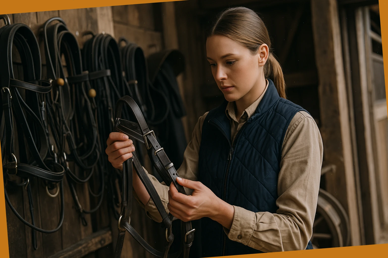Stable hand Mia Brooke preparing harness and checks